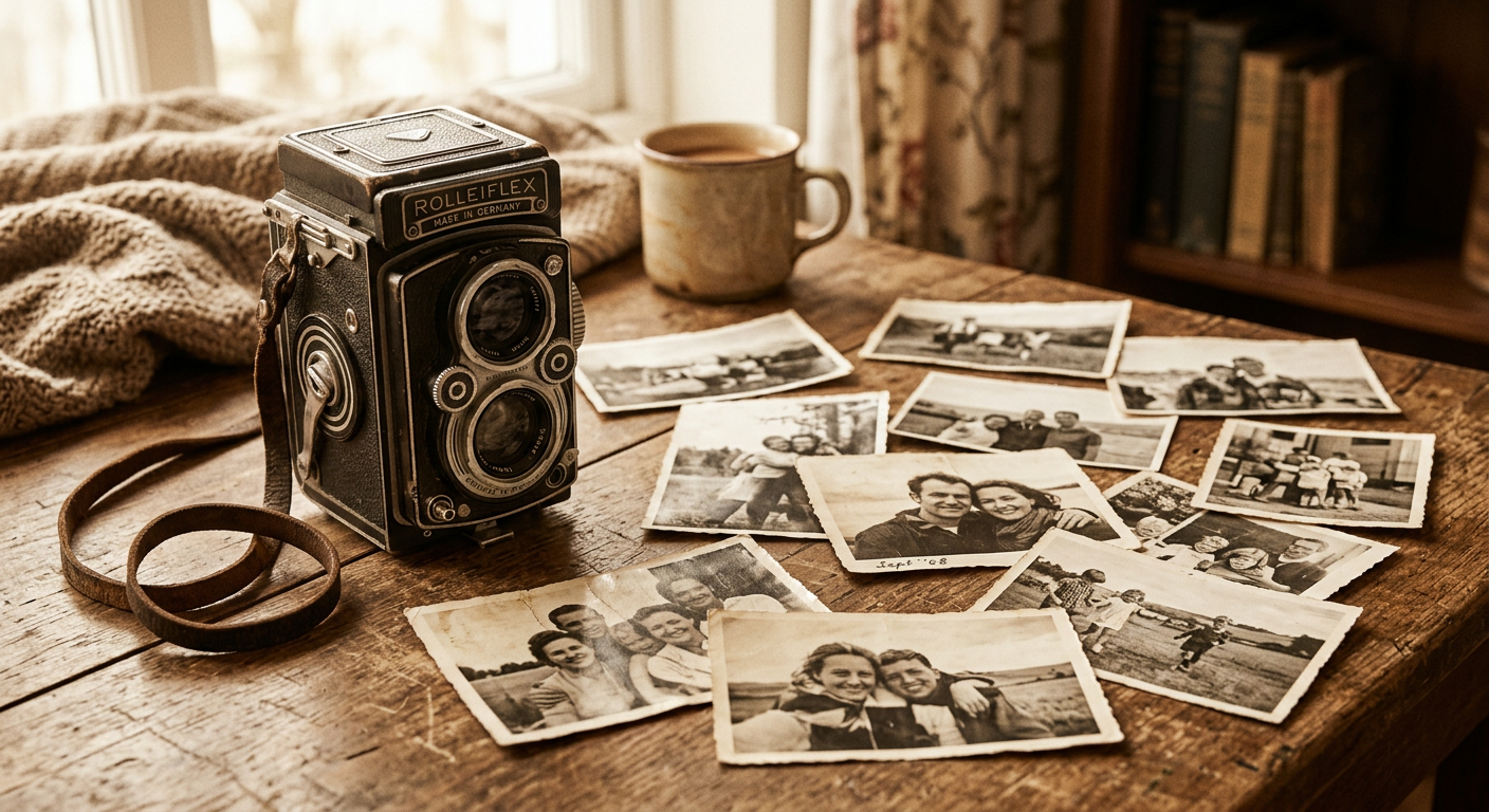 Câmera fotográfica antiga com fotos espalhadas